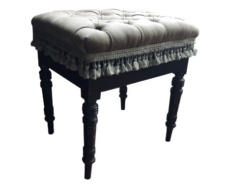 A late Victorian ebonised piano stool with music compartment by James Shoolbred, London.From the estate of Ashley Barker OBE 
