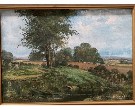 Nigel HALLARD (b.1936), Landscape with Tractor Ploughing Fields, oil on canvas, 24.5 x 35cm.