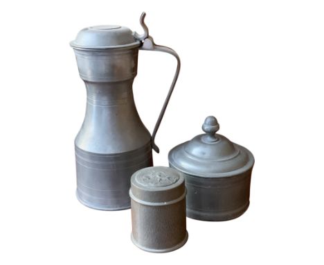 A Cornish Pewter lidded cylindrical jar and a pewter tobacco jar. From the estate of Ashley Barker OBE who was born in Hertfo