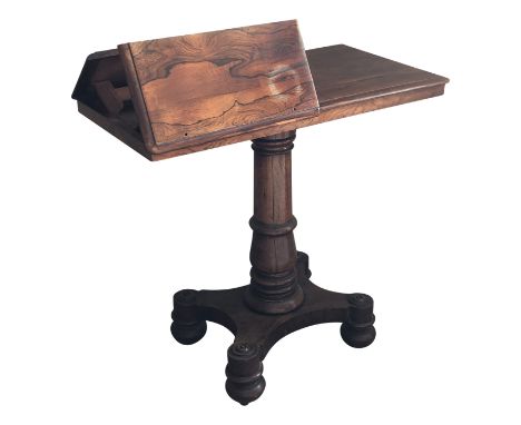 A Willam IV rosewood reading or duet stand, the rectangular top is fitted with two adjustable slopes on a telescopic pedestal