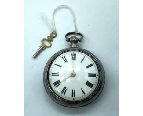 A George IV silver pair cased pocket watch with the white enamel dial with Roman numerals, Hallmarked London 1825. 