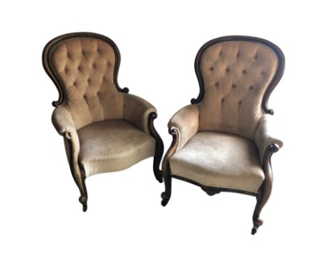 A Victorian spoon back buttoned armchair with cabriole legs, together with a second very similar chair.From the estate of Ash