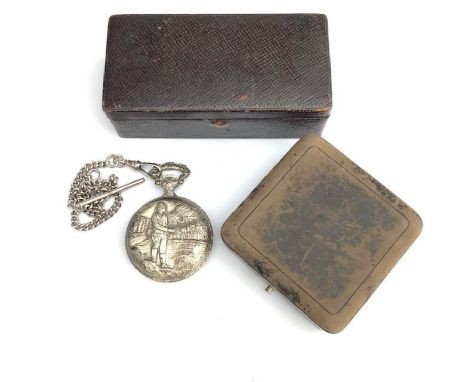 Two small leather covered boxes and a fishing theme pocket watch by Oriosa.
