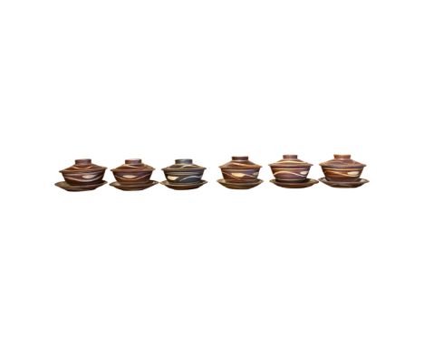 A set of six Crowan Studio Pottery bowls, stands and lids. From the estate of Ashley Barker OBE who was born in Hertfordshire