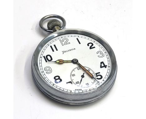 A Helvetia military nickel plated keyless pocket watch with a 32A calibre movement, signed general watch Co, Switzerland, the
