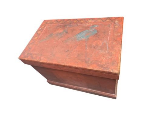 A Victorian red painted pine trunk, the interior with lift out trays, height 66cm, width 87.5cm.Provenance: The Estate of Ros