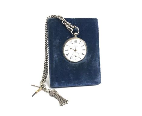 A silver keyless open face  pocket-watch by Barnard, Cirencester and a silver chain.