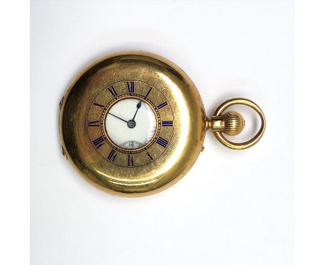 A keyless 18ct gold half hunter cased pocket watch, the white dial signed Thomson &amp; Profaze, London, the movement signed 