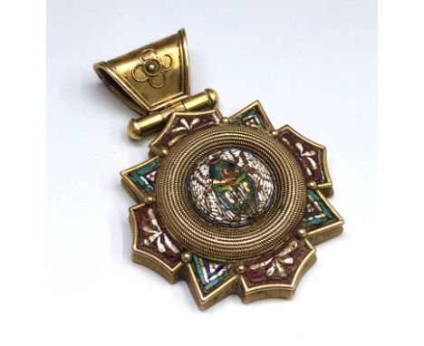 A Victorian high purity gold cross form pendant in the manner of Castellani, micro mosaic set at the centre with a beetle wit