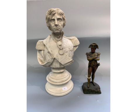 A bust of Nelson, a figure of Napoleon, a plaquette with portrait of Augustus and a Japanese box.From the estate of Ashley Ba