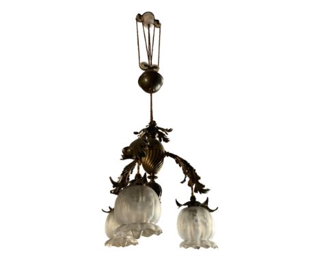 A late Victorian rise and fall brass three branch electrolier with etched glass shades.From the estate of Ashley Barker OBE w