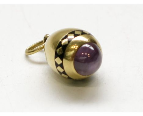 A Russian gold miniature egg, one end with a cabochon amethyst, about it a black enamelled geometric girdle, impressed marks,