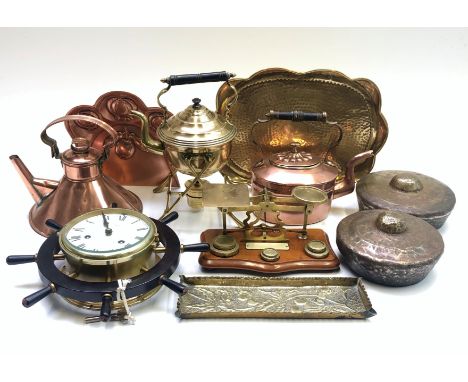 Miscellaneous copper and brassware to include brass spirit kettle, two copper kettles, post office scales etc. 