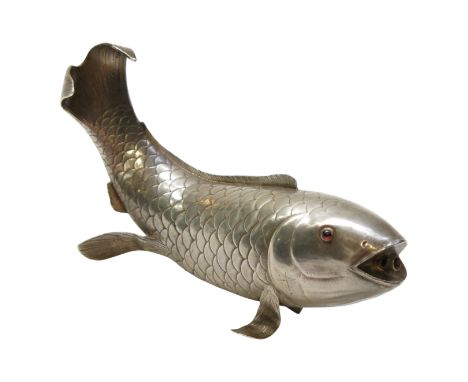 A Faberge silver gem set table lighter in the form of a fish by Julius Rappoport, the wick nozzle in the mouth, the eyes cabo