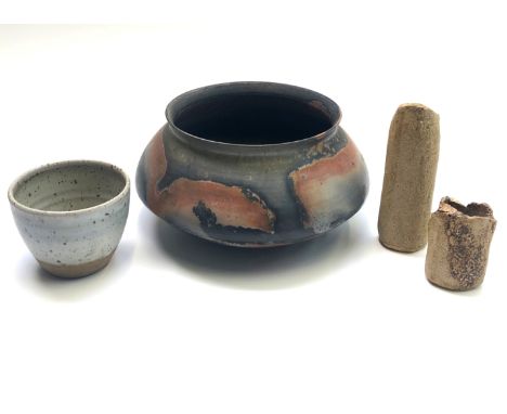 A shaped ceramic bowl by Andrew Bowles, signed and dated '86, together with three other small ceramic wares, height 16cm, dia