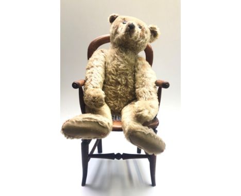 A large Steiff golden mohair teddy bear circa 1906, with black boot button eyes, stitched nose, mouth and claws and felt paw-