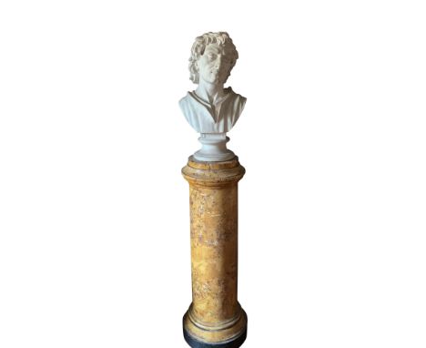 A 19th century Italian scaglioli pedestal, height 105cm together with a V&A museum plaster bust.From the estate of Ashley Bar