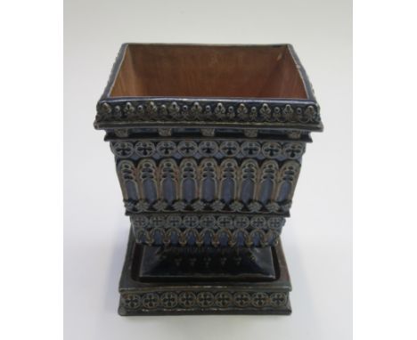 A hand-painted blue-glazed jardiniere with matching base, height 23cm, width 18cm.From the estate of Ashley Barker OBE who wa