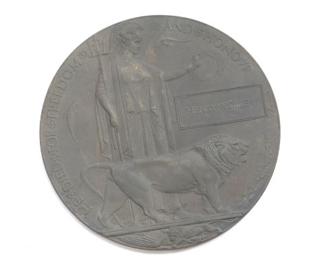 A first world war death plaque named to Henry Voller.From the estate of Ashley Barker OBE who was born in Hertfordshire in 19