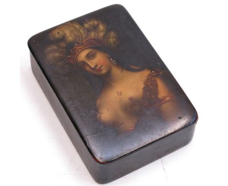 A 19th century papier mache snuff box, the lid probably by Stobwasser, decorated with a female portrait 'Cora', 9cm x 6cm. 