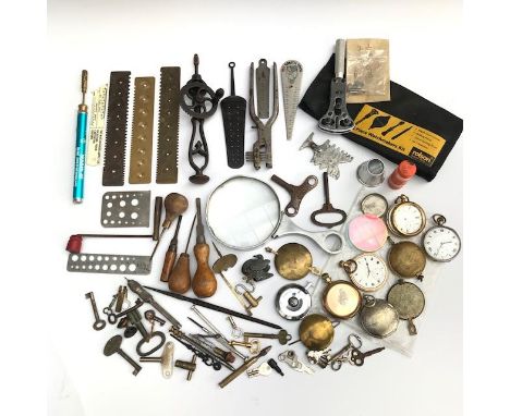 Watch maker's tools, parts, damaged pocket watches etc.