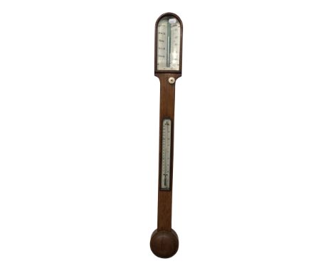 An oak stick barometer, mid 19th century, the ivory scale signed Cridge London, with inset thermometer, height 90cm.