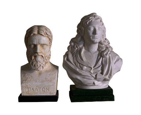 A plaster bust, 'Sir Christopher Wren', on wooden base, maximum height 27.5cm, and one other portrait bust, height 24cm. From