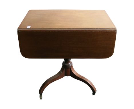 A mahogany drop leaf pedestal table, late 19th century, with a ring turned stem, on inlaid downswept legs, height 72cm, lengt