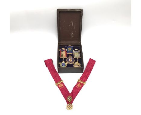 Three silver RAOB jewels, 119g with ribbons together with a sash with gilt jewel.