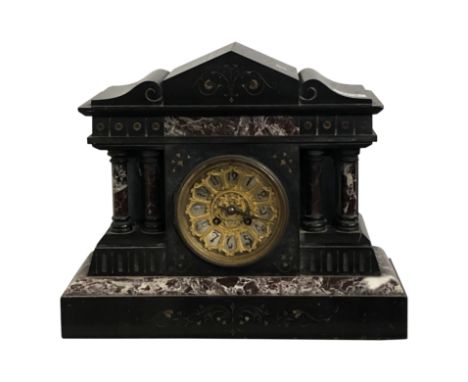 A black and breche rouge marble mantle clock, of classical design, with gilt dial and black painted numerals, height 34cm, wi