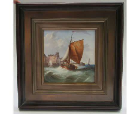 A Minton framed ceramic tile depicting a sailboat in a stormy sea, Minton, Stoke on Trent stamp on the reverse, height 20cm, 