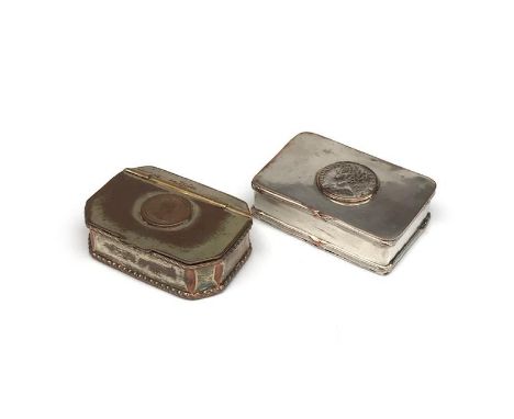 Two silver plated snuff box, each mounted with an early Georgian coin.