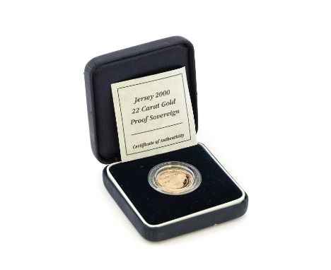 Jersey, Gold Proof Sovereign 2000 (.916 gold, 22.05mm, 7.98g), obv. Rank-Broadley portrait of the queen, rev. William I seate
