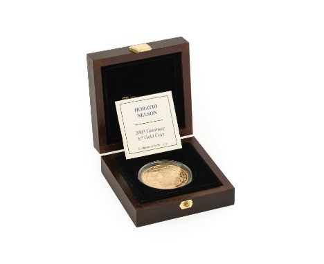 Guernsey, Gold Proof £5 2003 (.916 gold, 38.61mm, 39.94g) 'Horatio Nelson', obv. Rank-Broadley portrait of the queen, rev. de