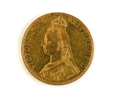 Victoria, Gold £5 1887, obv. Jubilee bust left, rev. Pistrucci; hairlines, light contact marks, EF