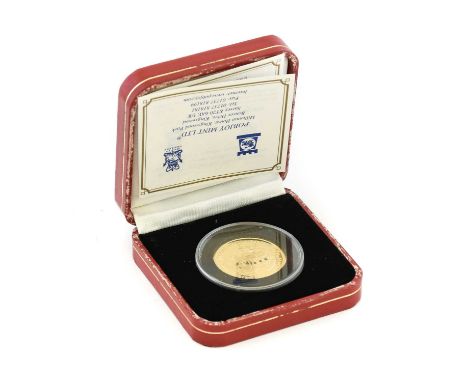 Gibraltar, Gold Proof Half Crown 2002 (.999 gold, 30mm, 15.5g), 'Golden Jubilee', set with a 0.025ct diamond, 0.01ct sapphire