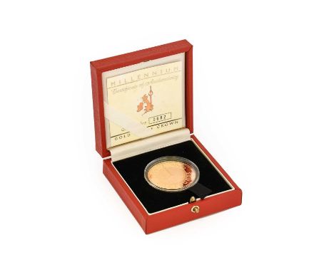 Elizabeth II, Gold Proof £5 2000 'Millennium', obv. Rank-Broadley portrait of the queen, rev. design by Jeffrey Matthews cele