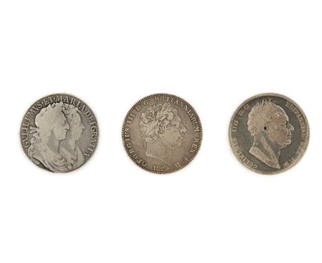William and Mary, Halfcrown 1689, rev. first shield, caul frosted, pearls, FRA for FR, (S.3434) VG; together with George III,