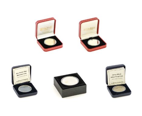 5 x Commemorative Boxed Coins, comprising: Isle of Man, 2017 proof silver angel, Isle of Man, 1990 silver proof 'Penny Black'