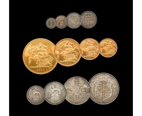 George V, 'Long' Gold Coronation Proof Set 1911, 12 coins comprising: £5, double sovereign, sovereign, half sovereign, halfcr