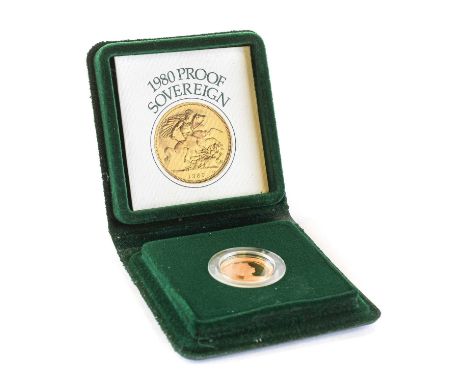 Elizabeth II, Proof Sovereign 1980, obv. Machin portrait of the Queen, rev. Pistrucci, encapsulated in Royal Mint case of iss