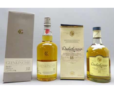 Dalwhinnie Highland Single Malt Scotch Whisky, 15 Years Old, and Glenkinchie Single Malt Scotch Whisky, 12 Years Old, both 70