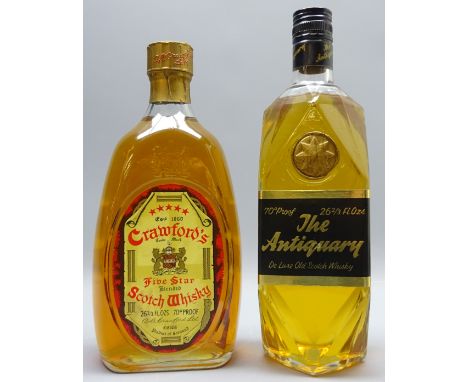 Crawford's Five Star Blended Scotch Whisky, & The Antiquary De Luxe Old Scotch Whisky in lozenge bottle, both 262/3floz, 70 p