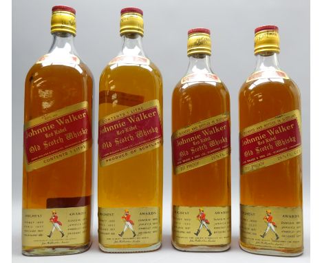 Johnnie Walker Red Label Old Scotch Whisky, 1 litre, 43% vol and no proof (4), 262/3 fl, 70 proof (2), 4 bottles total. Condi