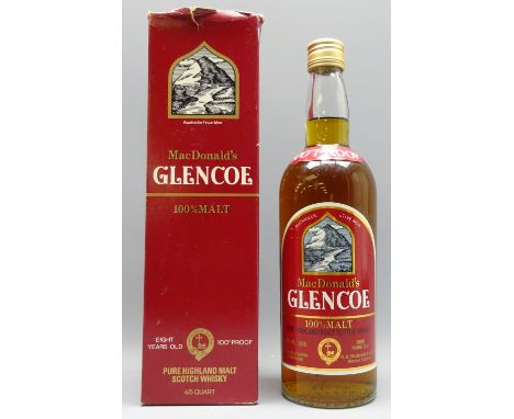 MacDonald's Glencoe Pure Highland Malt Scotch Whisky, 8 Years Old, 4/5 quart 262/3 fl 100proof, with label to neck, in carton