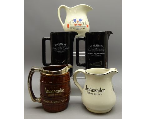 Whisky Water Jugs: Ambassador Deluxe Scotch barrel with silver coloured handle & white jug for the USA market, Tobermory c199