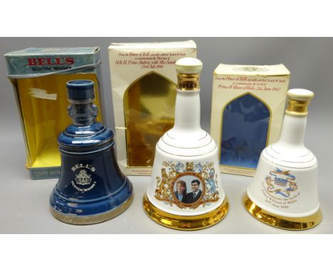 Bells Old Scotch Whisky in Wade Royal Commemorative decanters for William birth 1982, 50cl, Royal Wedding 1986,& Bells Royal 