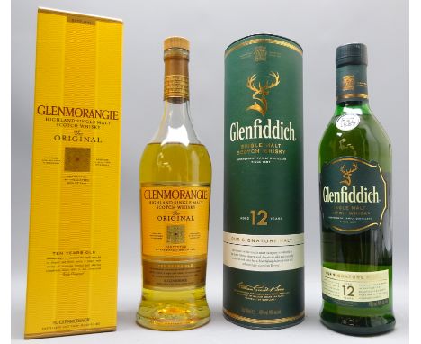 Glenfiddich Single Malt Scotch Whisky, Aged 12 Years, in tube & Glenmorangie Highland Single Malt Scotch Whisky, 10 Years old