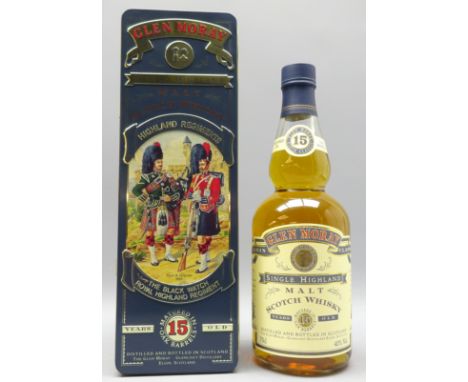 Glen Moray Single Highland Malt Scotch Whisky, 15 Years Old, matured in Oak barrels 70cl, 40% proof 1 bottle, in Black Watch 