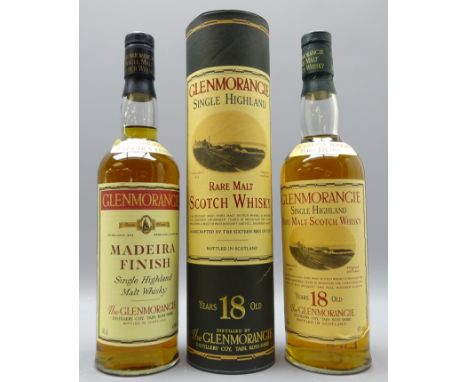 Glenmorangie Single Highland Rare Malt Scotch Whisky, 18 Years old, 70cl, 43%vol in tube and Glenmorangie Madeira Finish Sing